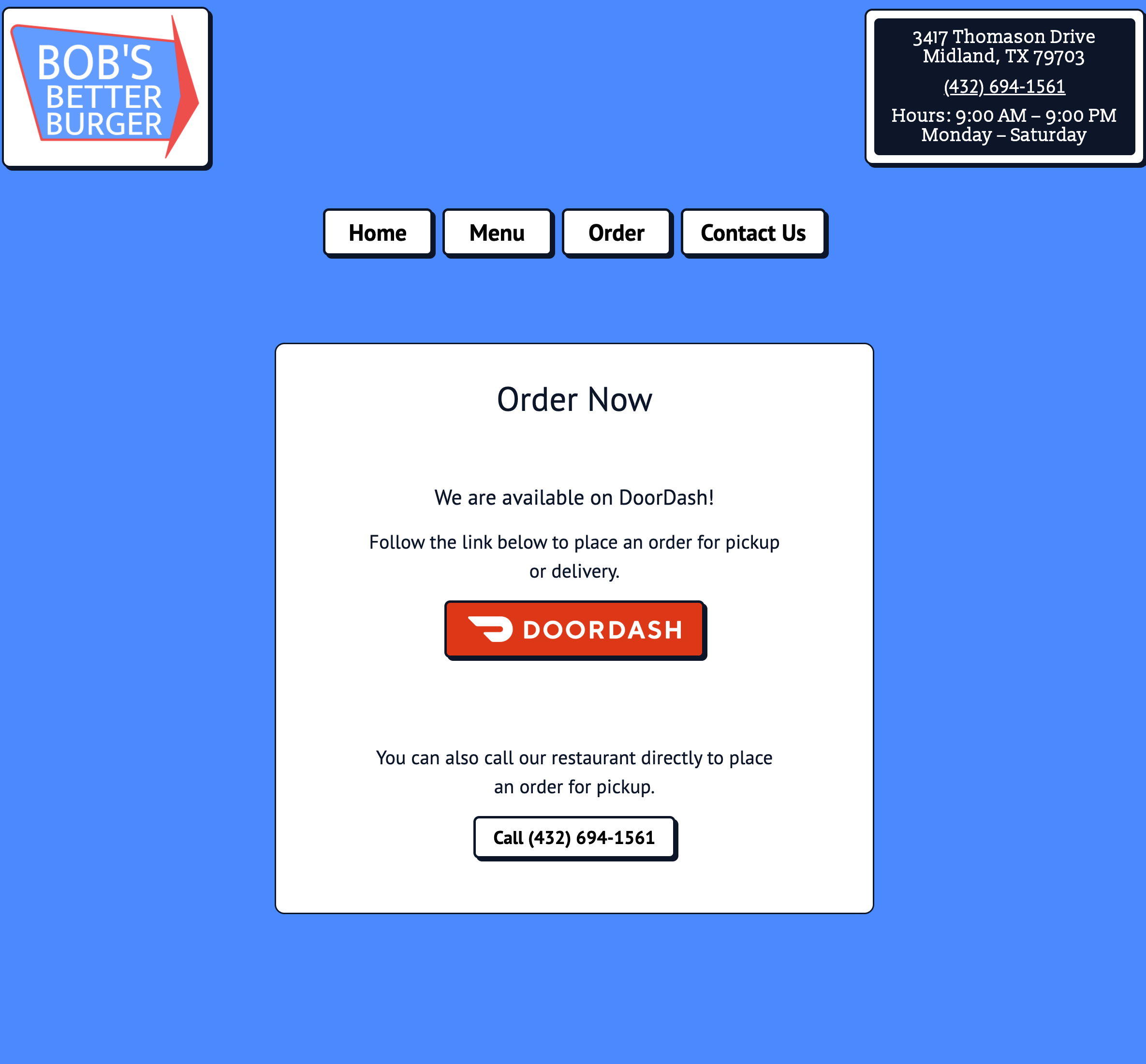 Bob's Better Burger website screenshot